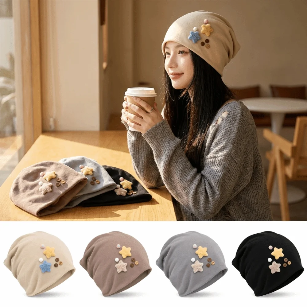 New Japanese Style Women's Beanie Windproof Skull Cap Face-Flattering Fit Star Detail Pull-On Hat Fall Winter Wear
