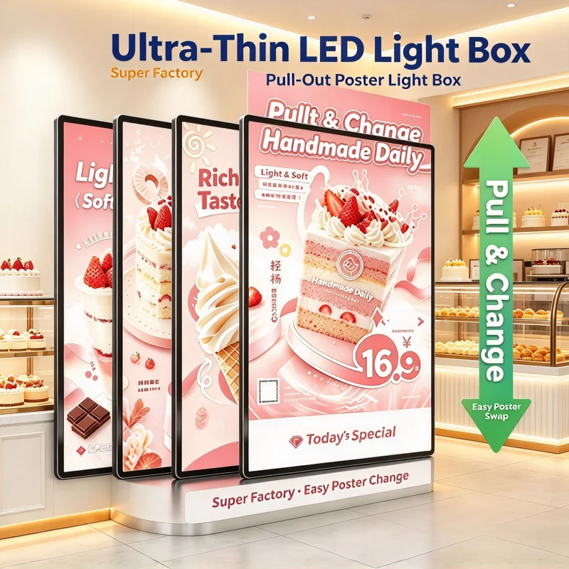 LED Pull-out Light Box Ultra Slim Backlit Poster Menu Lightbox Quick Swap Poster Tempered Glass for Restaurant Cafe