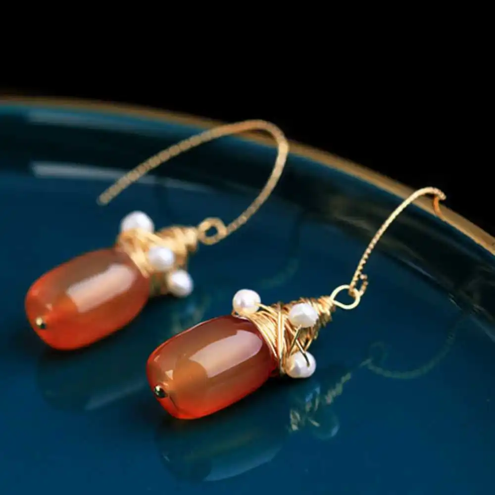 New Natural Red Agate bucket beads Earrings Rice pearls Classic New Party Aquaculture