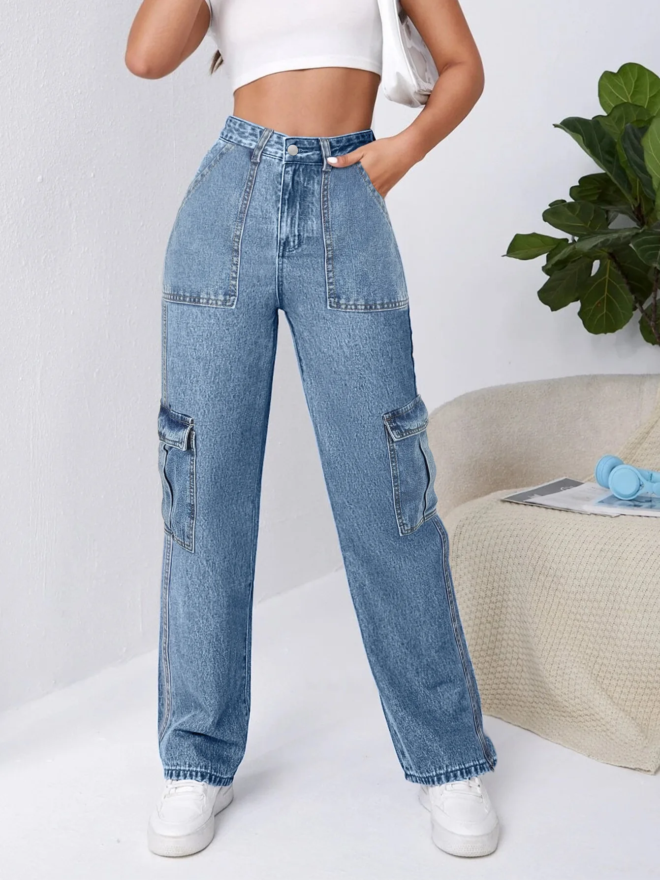 Women's Jeans New Fashion Personalized Workwear Pants Denim Straight Leg Trousers Pockets Fashion Vintage Jeans Female
