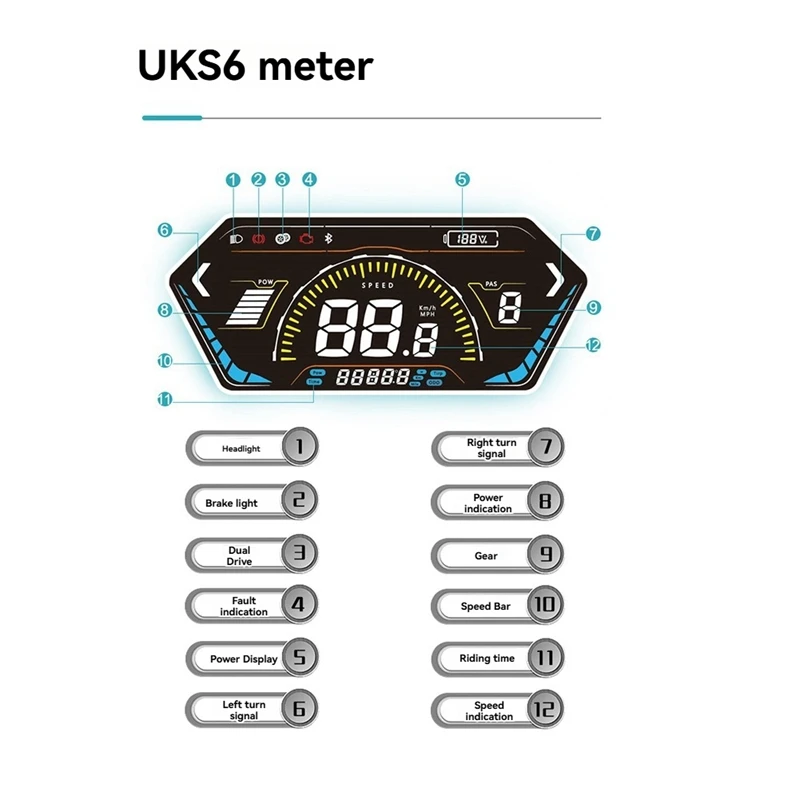 UKS6 Electric Scooter LCD Meter Color Screen 24V-72V Electric Bicycle Dashboard E-Bike Smart Display Waterproof 5PIN