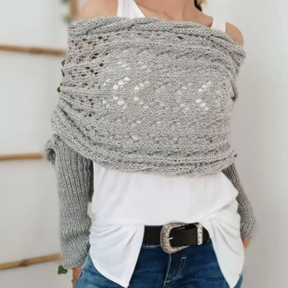 Long Sleeve Knitted Shawl Wrap For Women Hollow Out Scarf Winter Warm Elegant Fashion Casual Pullover Sweater Cape
