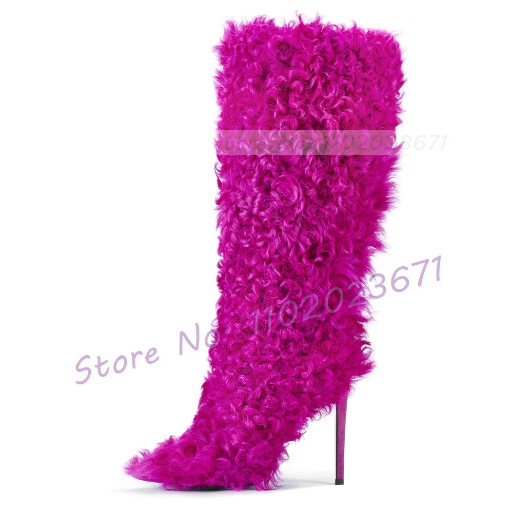 Hot Pink Shearling Hair Boots Women Sexy Thin High Heels Chic Curly Fur Party Shoes Female Luxury Round Toe Side Zipper Boots