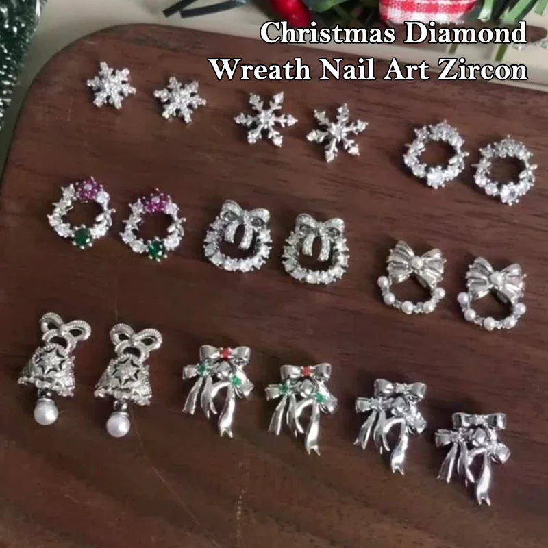 Natal prego zircão encantos luxo floco de neve floral grinalda, arco e sino árvore prego gem ornamento ano novo acessórios da arte do prego