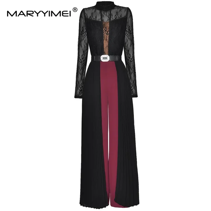 

MARYYIMEI Women's 2024 Spring/Summer Stand-Up Collar Long-Sleeved Lace Patchwork Wide Leg Pants Lace-Up Pleated Long Jumpsuits