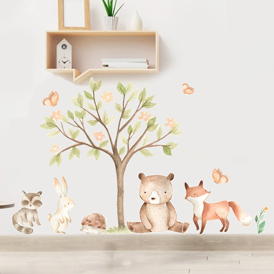 Cartoon Cute Animal illustration Watercolor Nursery Sticker  Removable Wall Decals Art Print Kids Boys Room Interior Home Decor