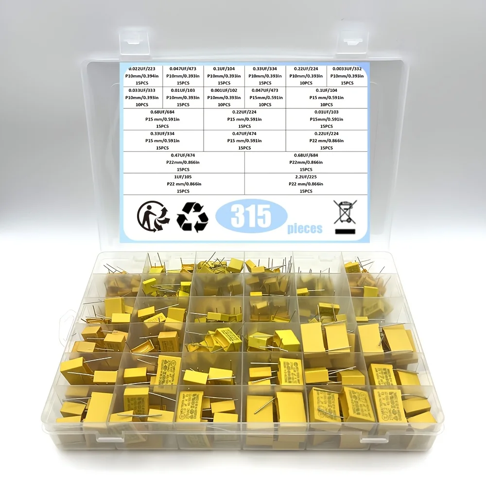 315PCS 21Values X2 Safety Capacitor 275VAC 102K-225K 1NF~2.2UF  223 104 105 225 474 684 102 103 473 334 333 Assorted Kit Box