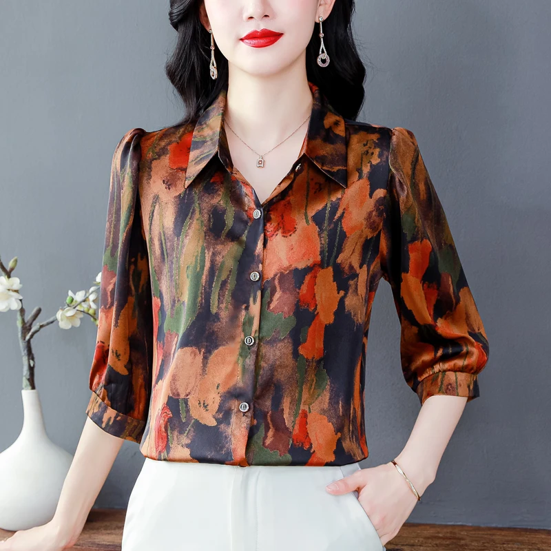 

Elegant Loose Woman Printed Shirts Fashion Casual Chiffon Blouse Half Sleeve Woman Summer Shirt Holiday Weekend Tops