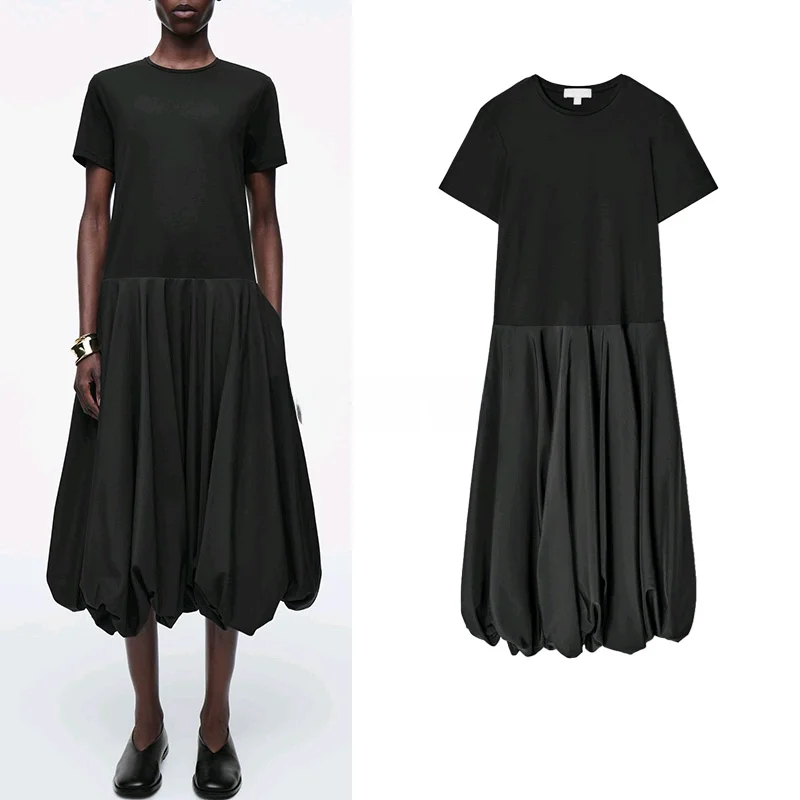 

Spring Commuter Sle High Waist A-Line round Ne Stand Fit T-irt Dr High Waist Patchwork Midi Dr for Women
