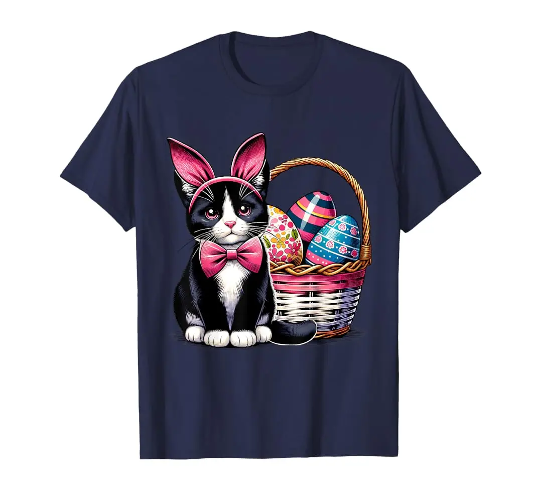 Giorno di Pasqua Gatto Orecchie da coniglio Uova Grafica Uomo Donna Bambini T-shirt divertenti Camicie per donna T-shirt grafiche