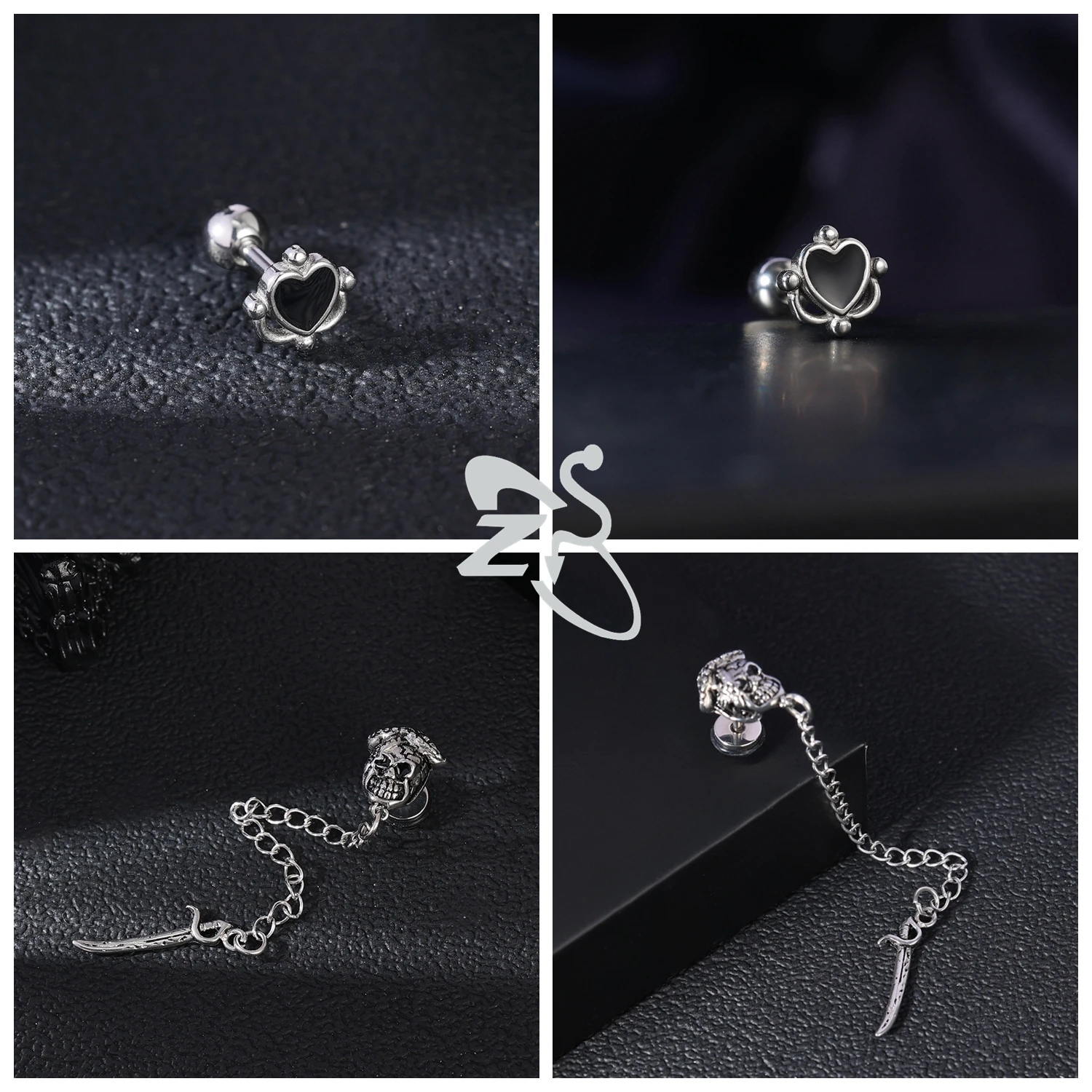 ZS 1-2pcs/lot Punk Stainless Steel Stud Earrings Skull Heart Butterfly Shape Ear Studs Cartilage Tragus Helix Piercings Jewelry