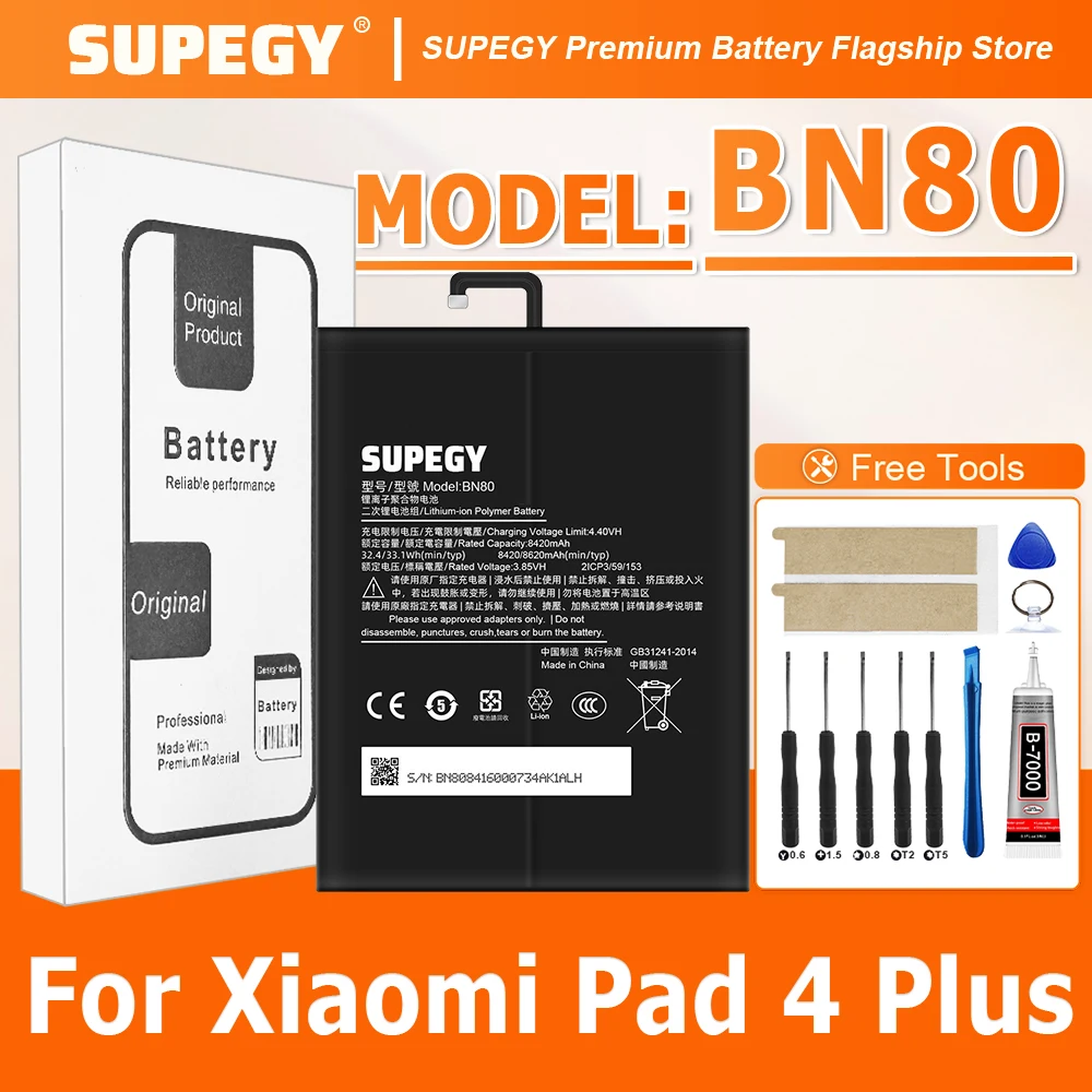

2026 Years SUPEGY 100% New BN80 8620mAh Battery For Xiaomi Mi Pad4 Plus 4 Pad4 Plus MiPad 4Plus Tablet Batteries +Free Tools