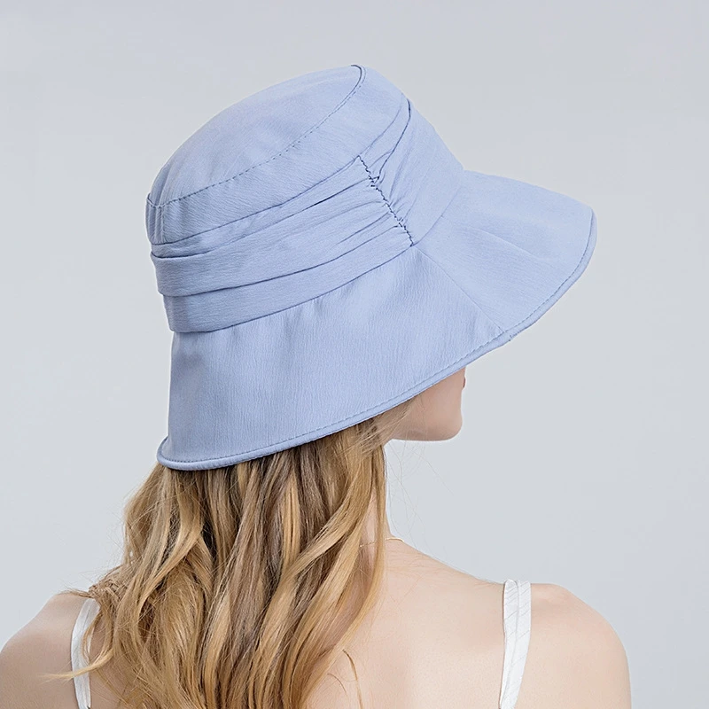 Women Summer Folding Bucket Hat for Beach Holiday Lady Spring Bowler Sun Protection Cap with Ruffles Band Headgear Wholesale New