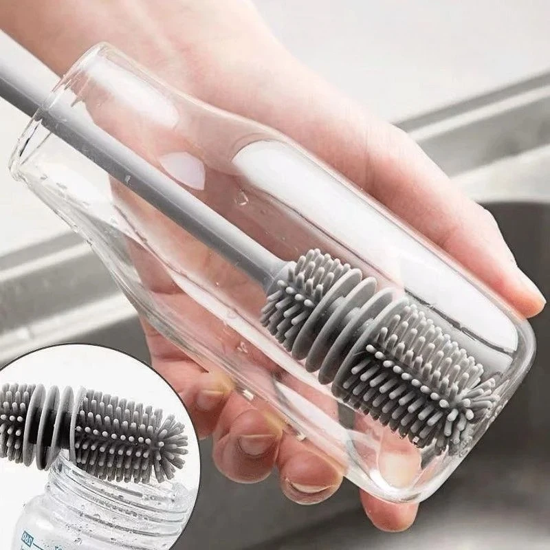 Long Handle Silicone Milk Bottle Brush - Kitchen Cleaning Tool for Glass Cup Scrubber Drink Bottle Cleaner with Ergonomic Design