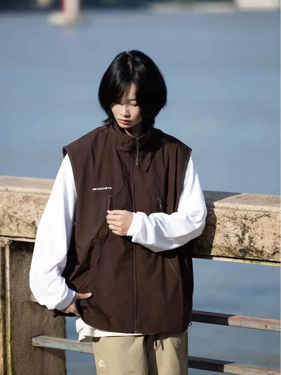 

Функциональная рабочая одежда в стиле ретро в японском стиле, жилет с повседневным уличным жилетом на молнии, жилет oulder Jaet, свободный крой, молодежная мода