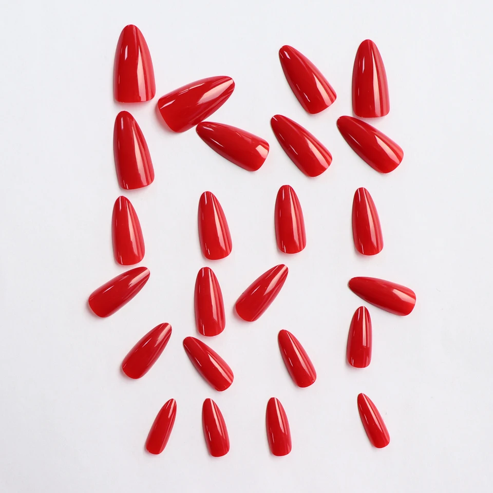 24 piezas de uñas postizas almendradas de color sólido, cobertura completa en rojo, simples y elegantes, delicadas, para chicas a la moda 2