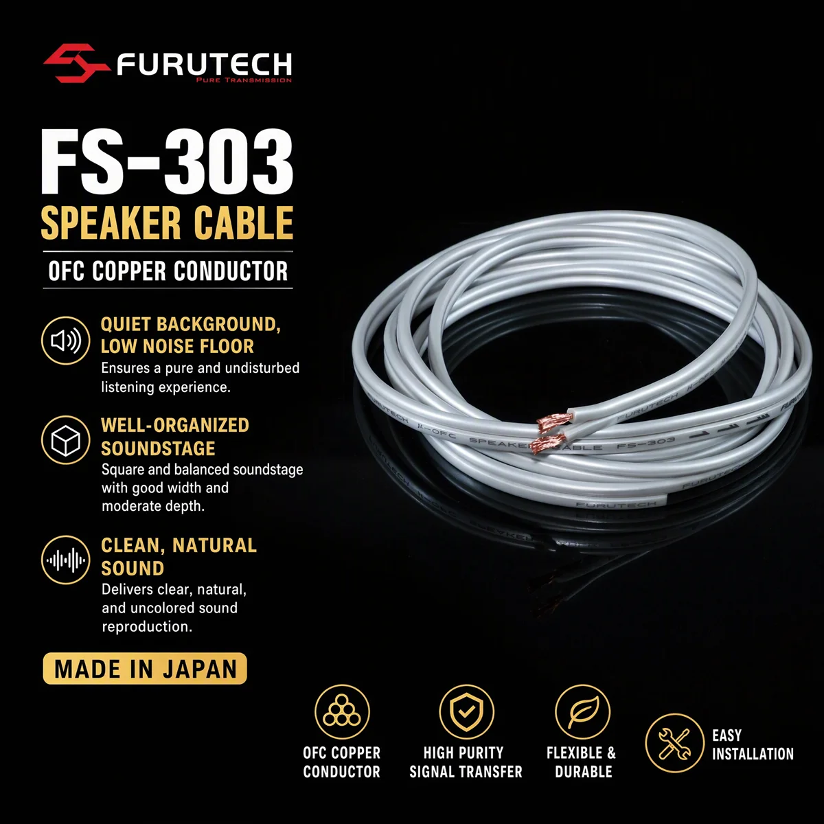 Furutech FS‑303 HiFi Speaker Cable μ‑OFC Oxygen‑Free Copper 15AWG Audio Wire for Car Stereo,Home Theater Surround Speakers