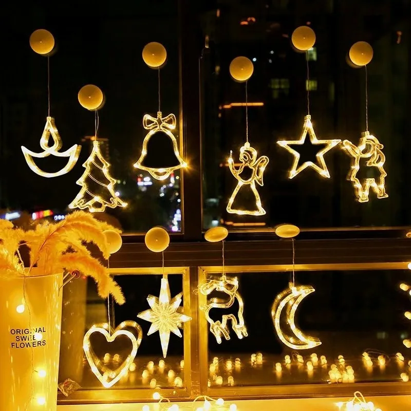 LED Christmas Window Silhouette Decor Star Snowman Tree Bell Suction Cup Battery Lights for Holiday Party Room Display