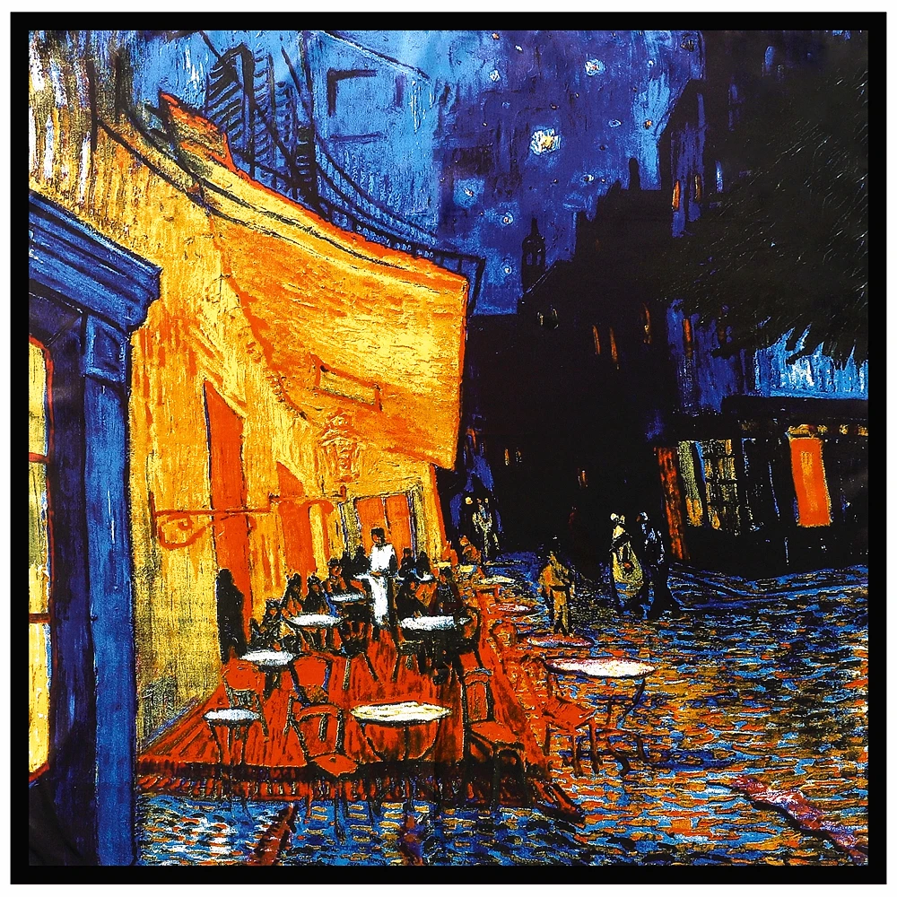 90cm European Van Gogh Oil Painting Classic Series Starry Cafe Apricot Blossom Women\'s Imitation Silk Square Scarf Shawl Scarf