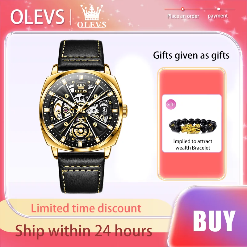 OLEVS Luxury Fully Automatic Mechanical Watch Leather Strap Men's Watches Tonneau Waterproof Domineering Original Male Watch