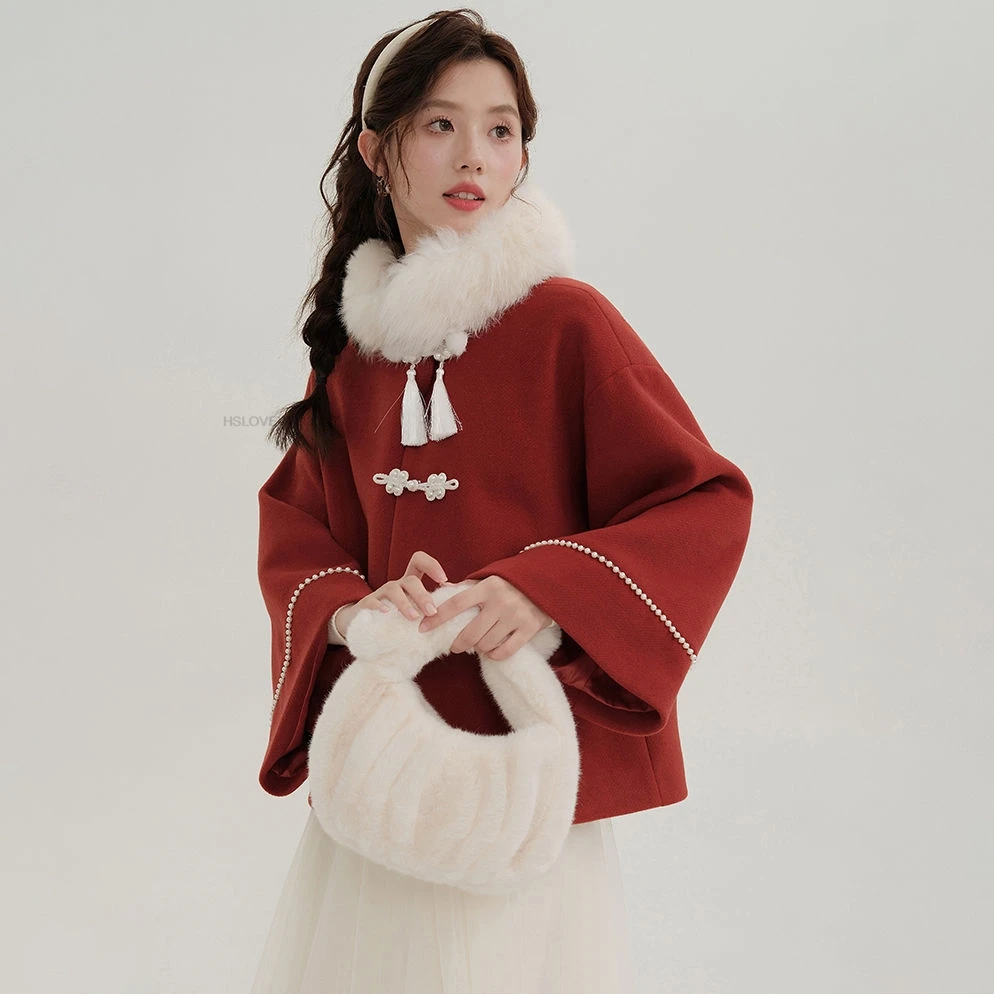 Wearing Red Wool Overcoat  Spring Festival Women Tangsuits Red Thicken Hanfu Blouse Chinese Vintage Clothing Thicken Tangsuits
