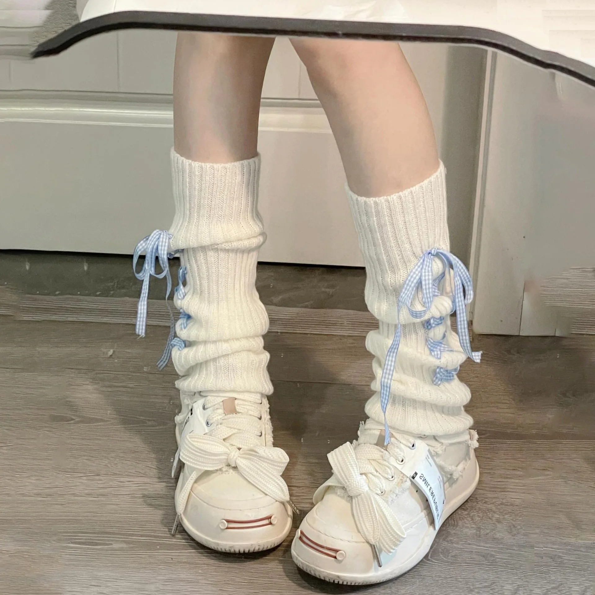 Y2K Lolita Girls Crossed Bow Tie Knitted Leg Warmers Socks JK Sweet Cute Pile Socks Ruffles Knitted Warm Middle Calf Foot Covers