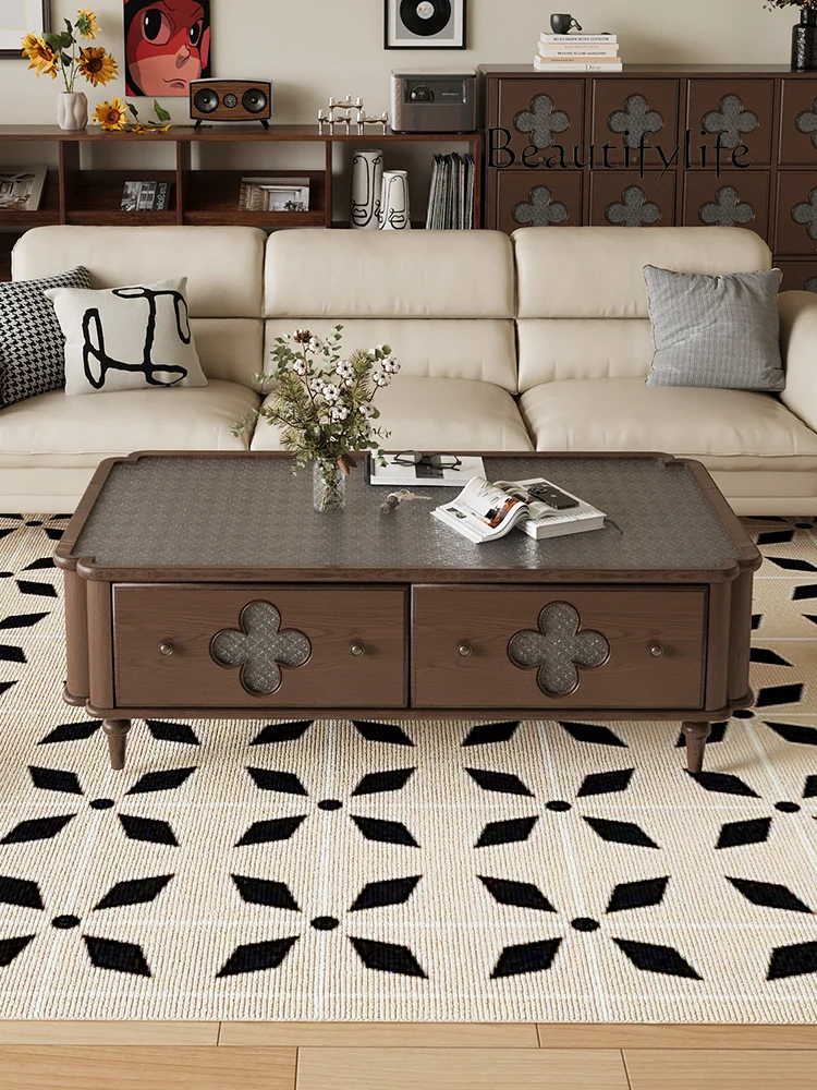 

muebles para hogar Light luxury retro French walnut all solid wood coffee table log square living room TV storage
