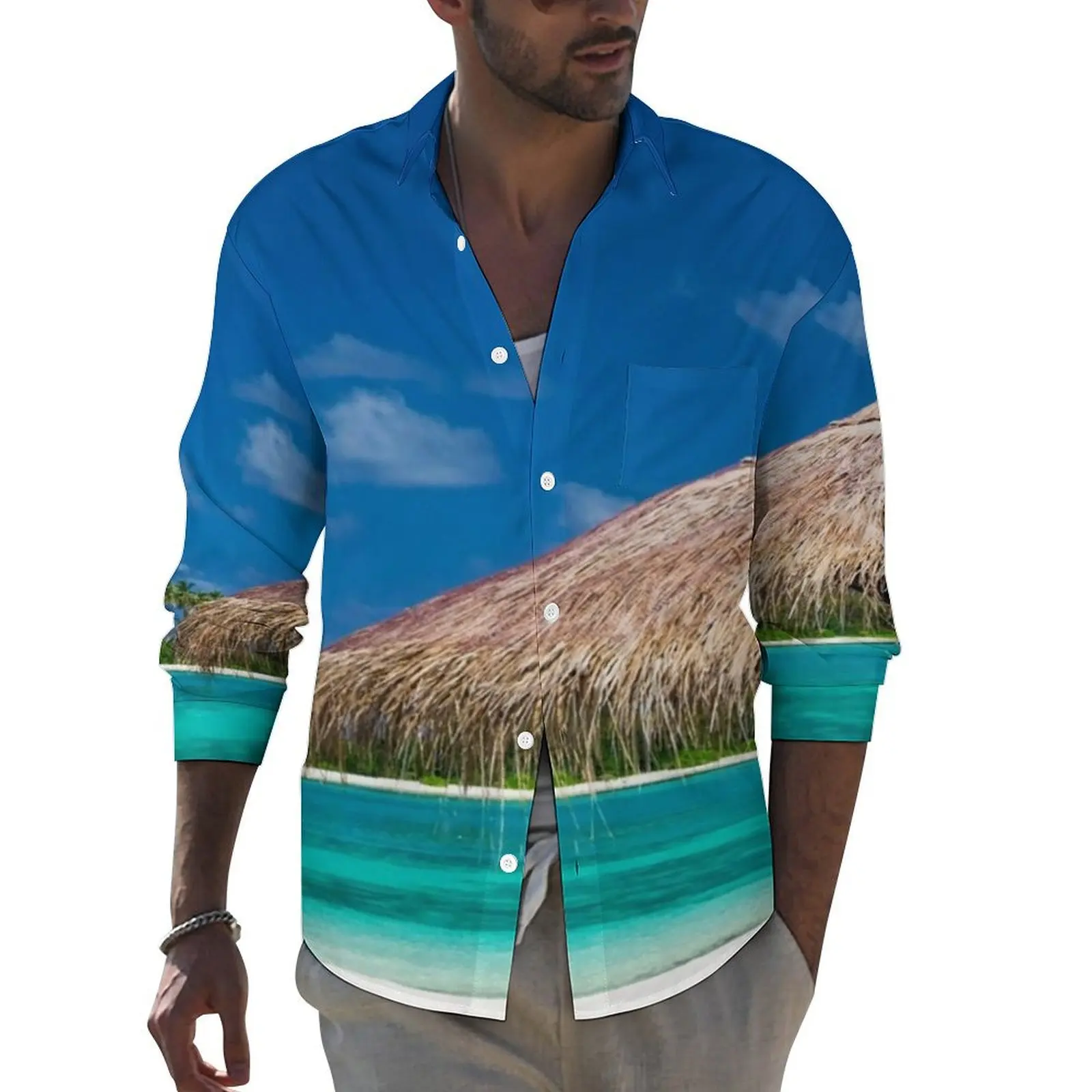 

Beach Maldives Street Style Casual Shirt Men Sea Landscape Print Shirt Spring Novelty Blouses Long Sleeve Design Oversized Tops