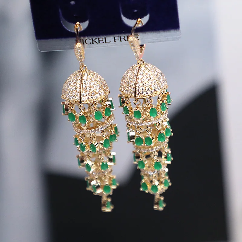 India Thailand Heavy Industry Luxury Full Zirconia Long Water Drop Chain Tassel Bell Wind Chime Lantern Earrings INS