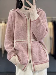 Autumn Winter New Cashmere Zipper Cardigan Women's Hooded Knit Coat Fashion Match Color Thicken Jacket Loose Large Size Hoodie