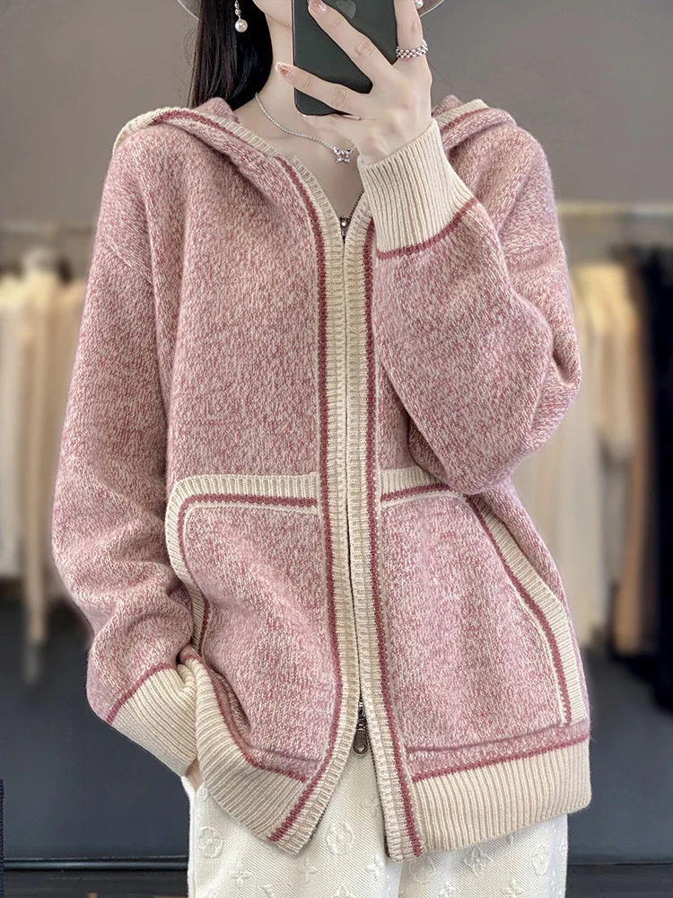 Autumn Winter New Cashmere Zipper Cardigan Women's Hooded Knit Coat Fashion Match Color Thicken Jacket Loose Large Size Hoodie