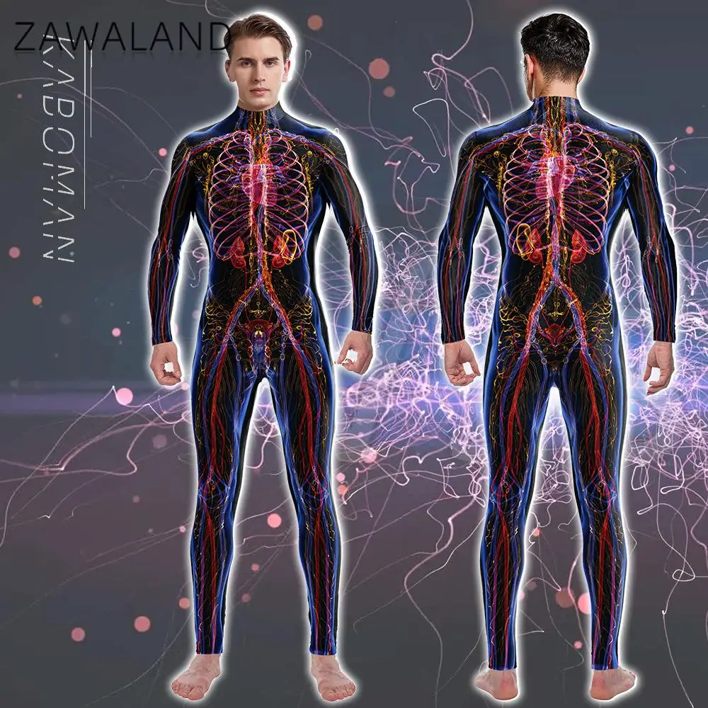 Zawaland Halloween 3D Party Muscle Printed Jumpsuit Spandex Human Anatomy Body Bodysuit Cosplay Costume Catsuit Zentai Suit