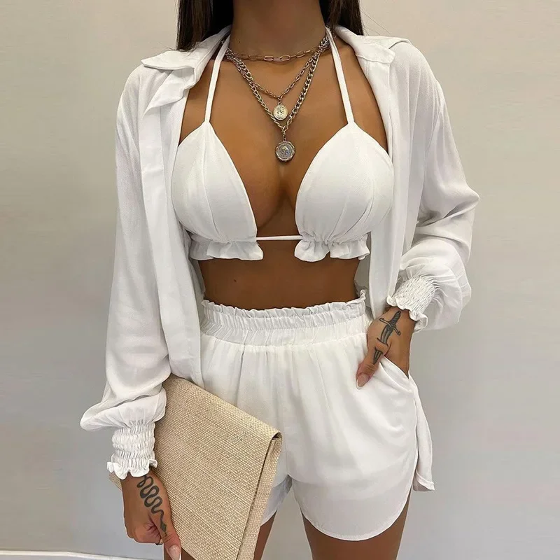 Floral Print Summer Vacation 3 Piece Set Women Sexy Lace Up Bra + Long Sleeve Shirts Coat + Shorts Holiday Beach Casual Suits