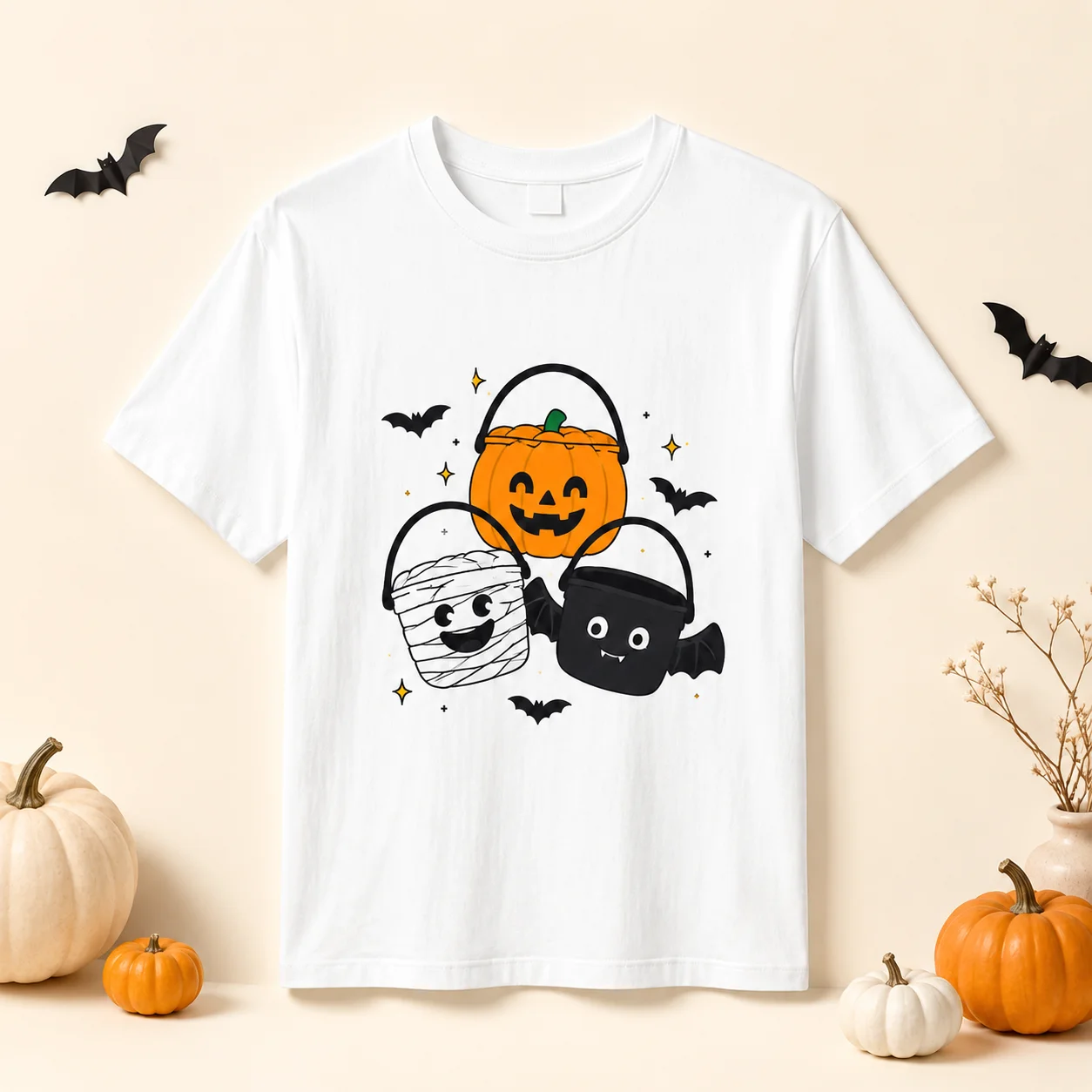 Cute Halloween Trick Or Treat Buckets T Shirt Women Mummy Bat Pumpkin Candy Pail Graphic Tee Spooky Fall Casual Short Sleeve Top