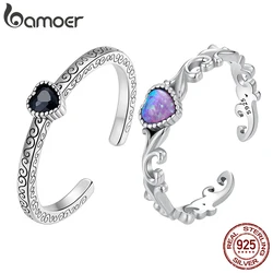 Bamoer Original 925 Sterling Silver Opal Retro Pattern Ring Purple Heart Oxidized For Women Wedding Engagement Fine Jewelry