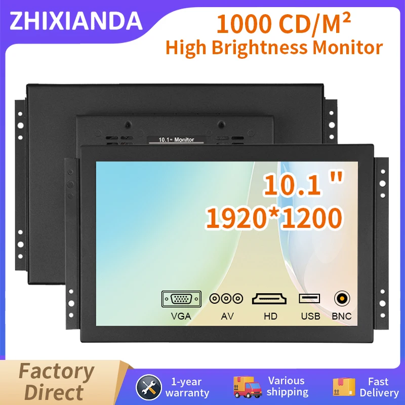 ZHIXIANDA 10.1 Inch 1920*1200 Industrial Open Frame PCAP Touch Screen Monitor 1000 Nits Outdoor Use With BNC AV HDMI VGA USB
