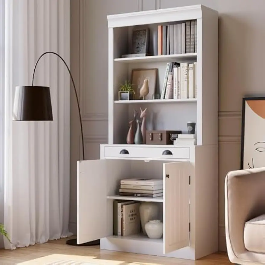 5-Tier Bookshelf, 70 Inch Tall Bookcase with 2 Doors and 1 Drawer, Modern Pantry Sideboard with Adjustable Shelf