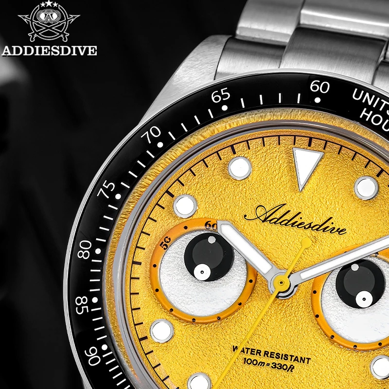 ADDIESDIVE VK64 Men Watches New Chronograph Eye Dial Quartz Wristwatch AD2557 BGW9 Luminous Ceramic Bezel 100m Waterproof Watch