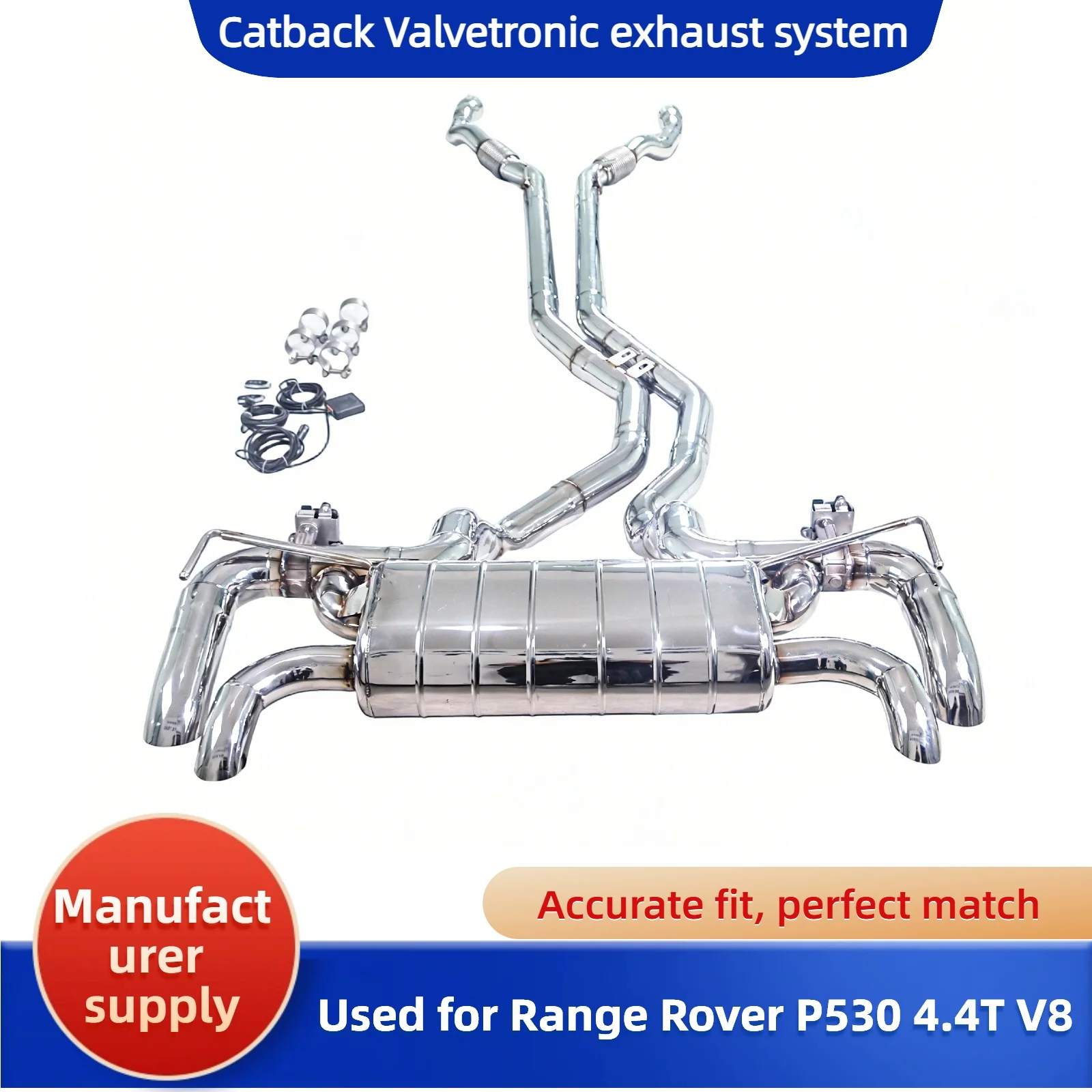 

Подходит для Land Rover Range Rover P530 4.4T V8 2023 года выпуска, выхлопная система Catback Valvetronic с изогнутыми вниз выходящими трубами.