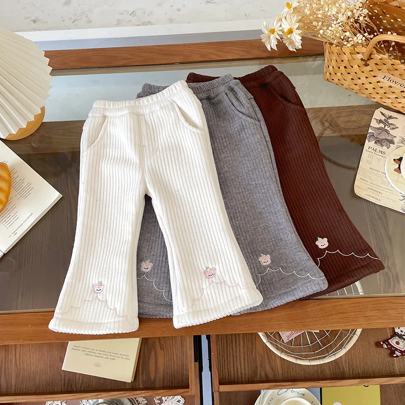 

UNITIM 1-6Y Children Girls Pant Cartoon Printed Casual Kids Baby Girls Velvet Trouser Mid Waist Thick Warm Infant Girls Pant