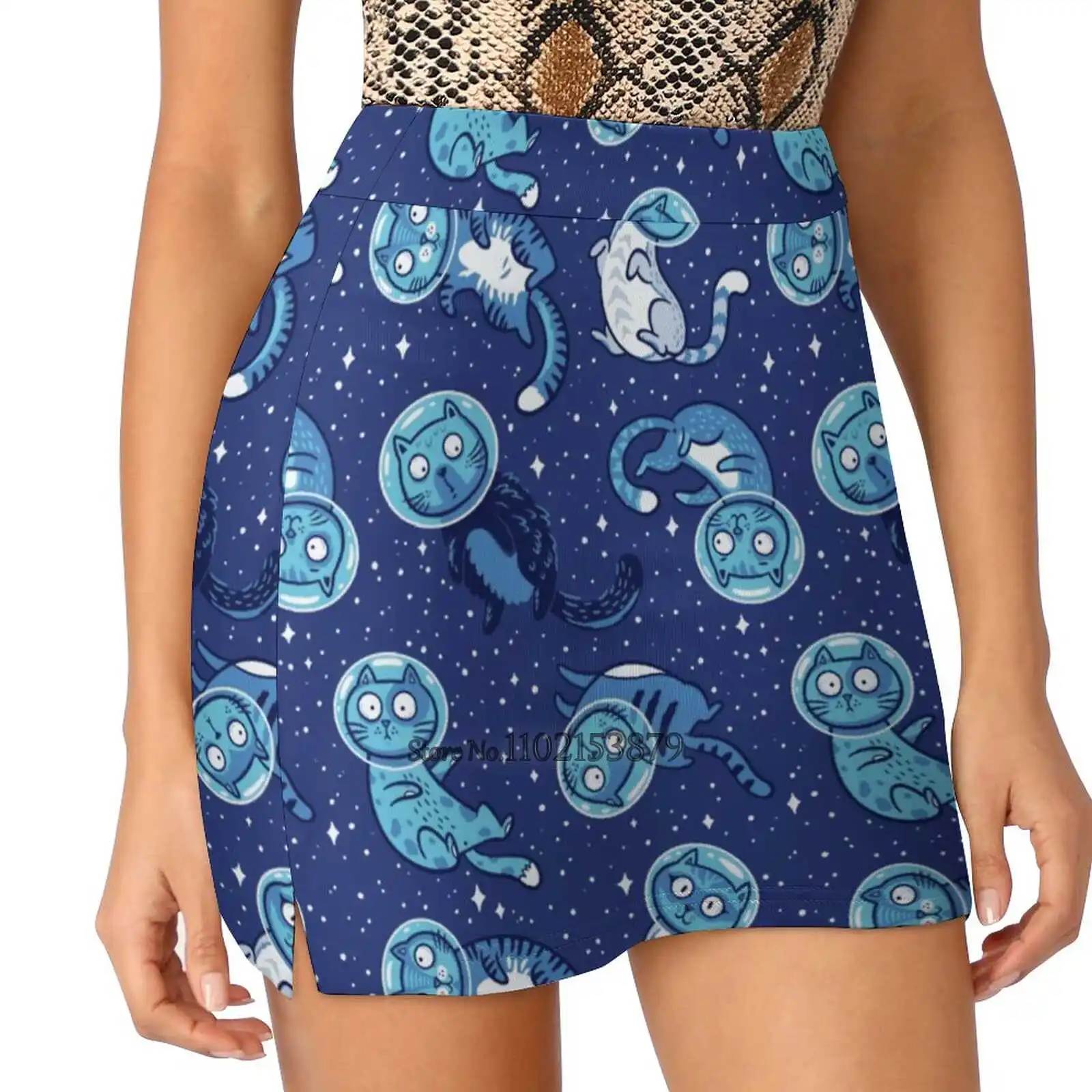 Galaxy Cats Women Sports Skirt Tennis Golf Dance Fitness Running Yoga Skirts Astronaut Cat Galaxy Animal Astronomy Blue Cartoon