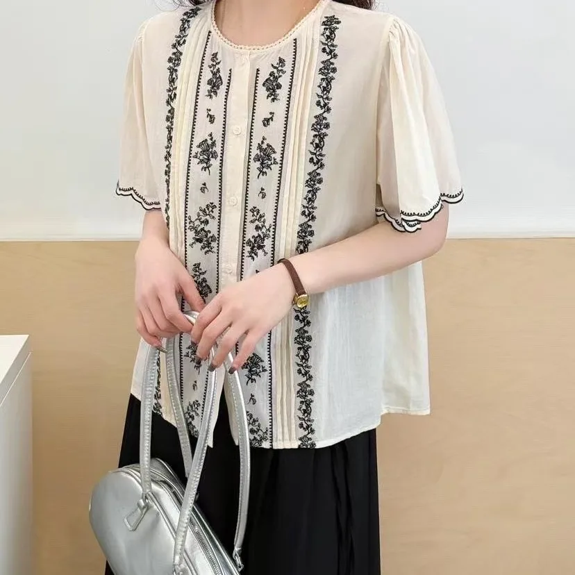 

Retro Ethnic Sle Embroidered Loose Slim Fit Summer irt Women's Single Button Cotton ort Sve round Ne Top