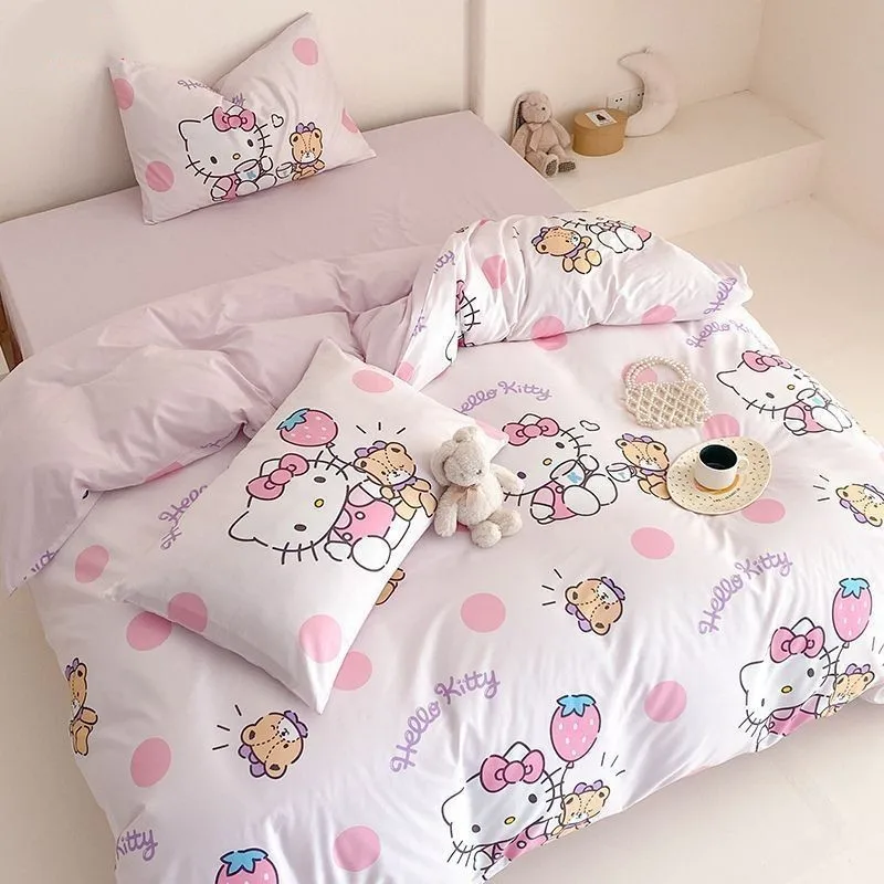 Kuromi Anime Duvet Cover Cartoon Cinnamoroll Bed Three-Piece Set Cute Hello Kitty Bedding Quilt Cover Pillowcase Children Decor