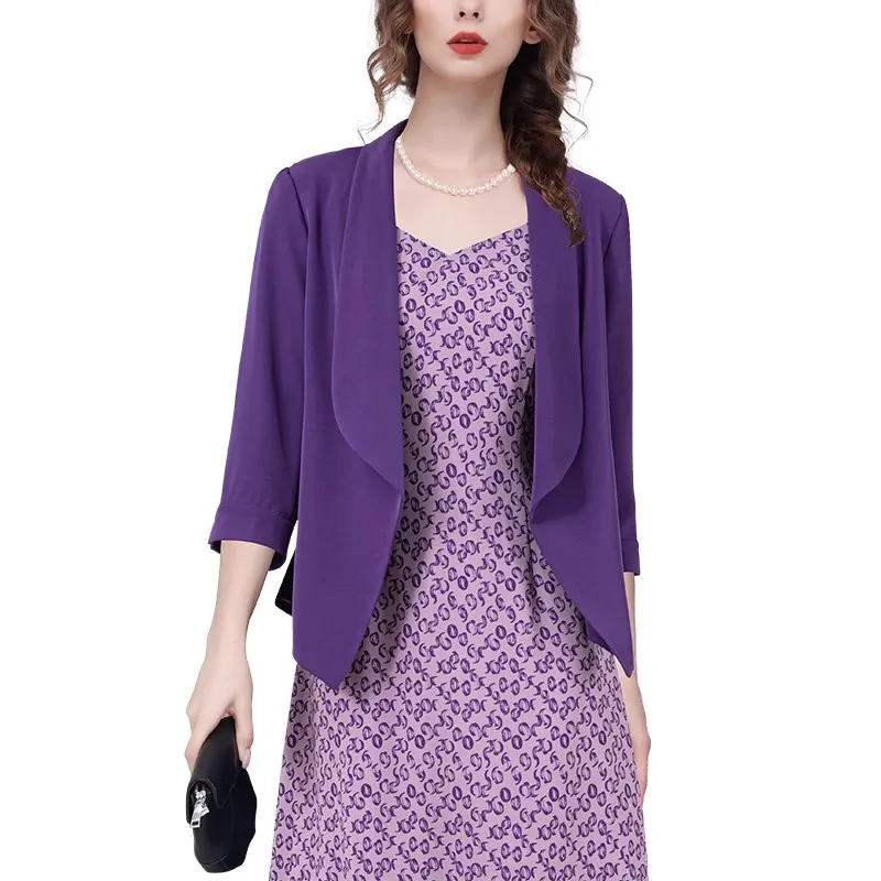 Casacos femininos sem botões roxo casual blazer 3/4 mangas terno colarinho capa casaco