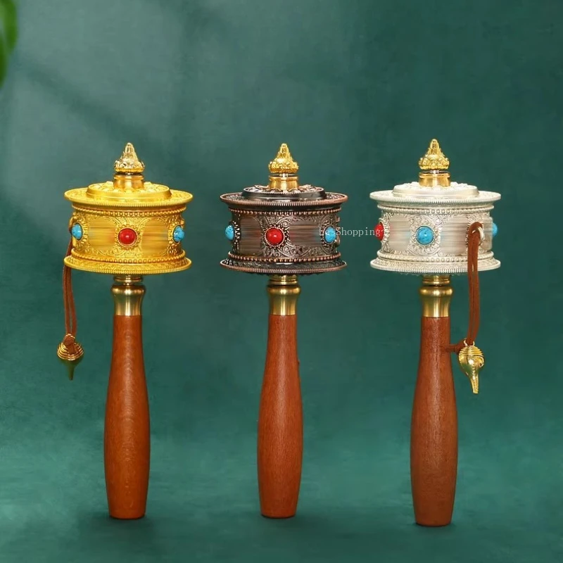 

Золотое/Серебряное/Красное медное/Бронзовое молитвенное колесо с ручным приводом, молитвенное колесо с шестислоговой мантрой, буддийские принадлежности, декор для интерьера