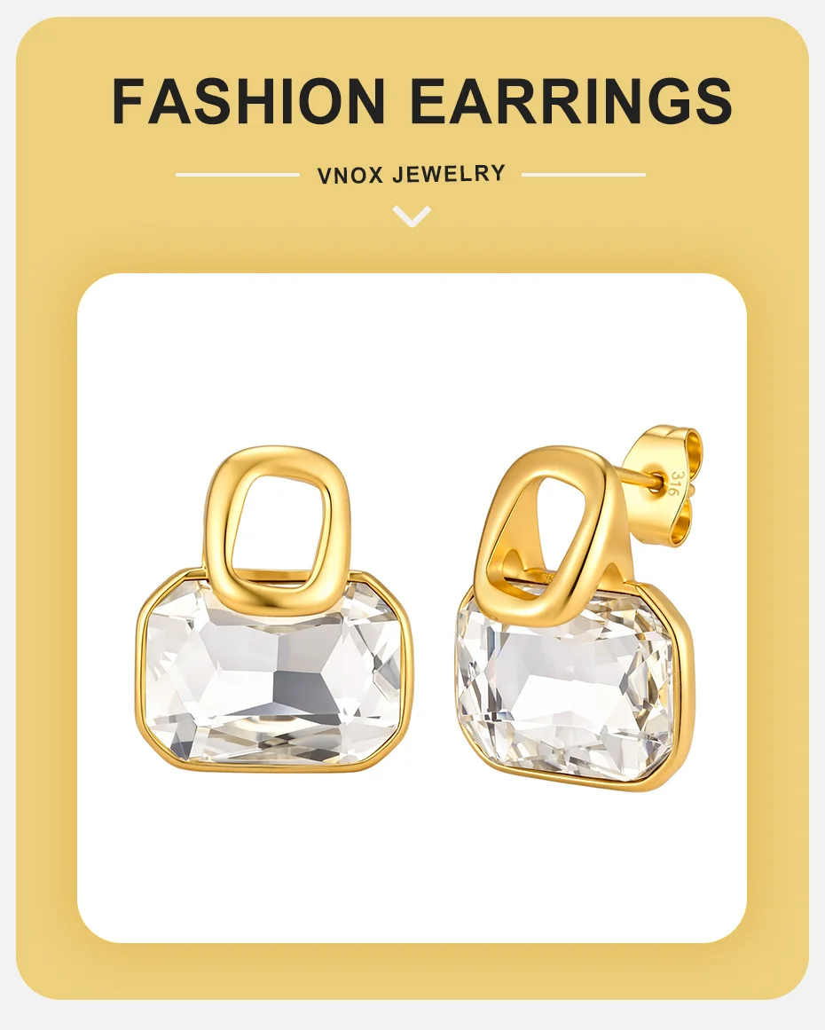 Vnox Minimalistische Elegante Zirkon-Ohrringe für Frauen, Edelstahl Vergoldete Quadratische Zirkon-Ohrstecker, Party- und Alltagsschmuck – Detail 1