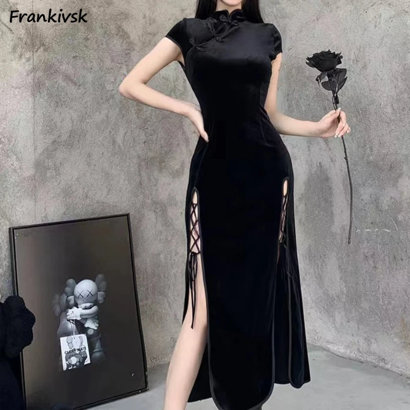 Women Bandage Dresses Solid Elegant Sexy Summer Slim Body Shaping Side-slit Chinese Style Fashion Party Streetwear Cool Girls