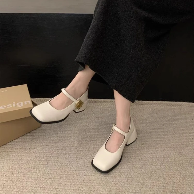 2024 Autumn New Women Fashion Square Toe Close Toe Ankel Strap Mules Ladies Elegant Mary Jane Ballet Shoes Mid Heel Dress Pumps