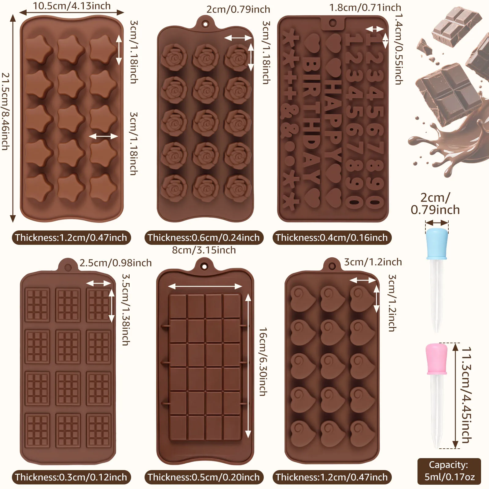 6Pcs Silicone Chocolate Mold with 2 Dropper Silicone Chocolate Candy Mold Multi Shape Baking Pastry Tray Oven Safe for Baking