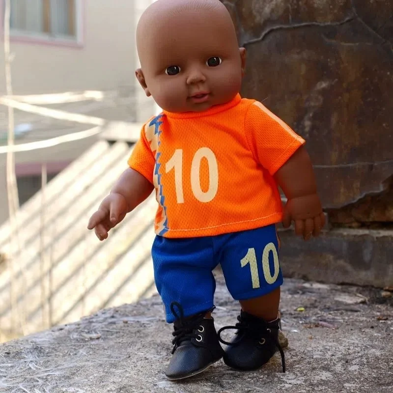 11 Inch African Black Doll American Reborn Baby Doll Boy with Football Clothes Bald Head Simulation Soothing Dolls Girls Gifts